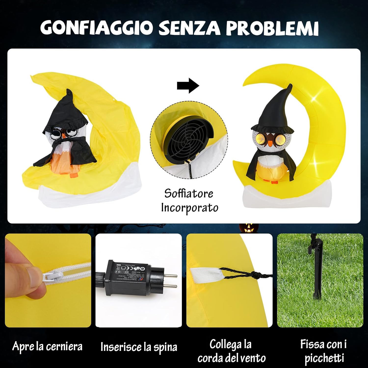 Decorazione Gonfiabile per Halloween 130 x 155 CM, Decorazione di Halloween Illuminata con LED e Grande Luna e Gufo Mago e Soffiatore Incorporato, per Cortile, Prato e Feste
