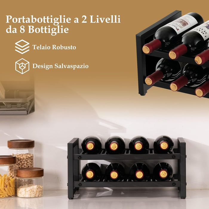 Portabottiglie per Vino in Metallo, Scaffale per Vino 8 Bottiglie con Piedini Regolabili e Superficie Antiruggine, per Cucina, Sala da Pranzo, Cantina, 42,5 x 24,5 x 20,5 cm