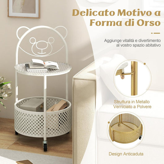 Tavolino da Caffè in Vetro, Tavolino Laterale a 2 Piani con Ruote, Motivo ad Orso, Cestino e Struttura in Metallo, Tavolino per Soggiorno, Camera da Letto e Studio (Bianco)