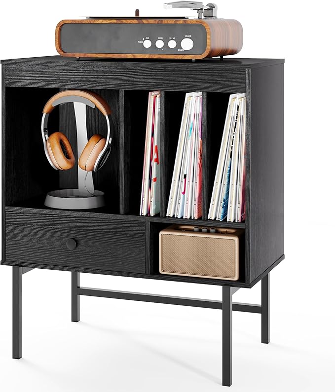 Armadio Camera da Letto 70 x 36 x 80 cm, Credenza Salvaspazia in Legno con Scomparti Aperti, Supporti per Album e Cassetto, Mobile Moderno per Sala Musica e Soggiorno (Nero)