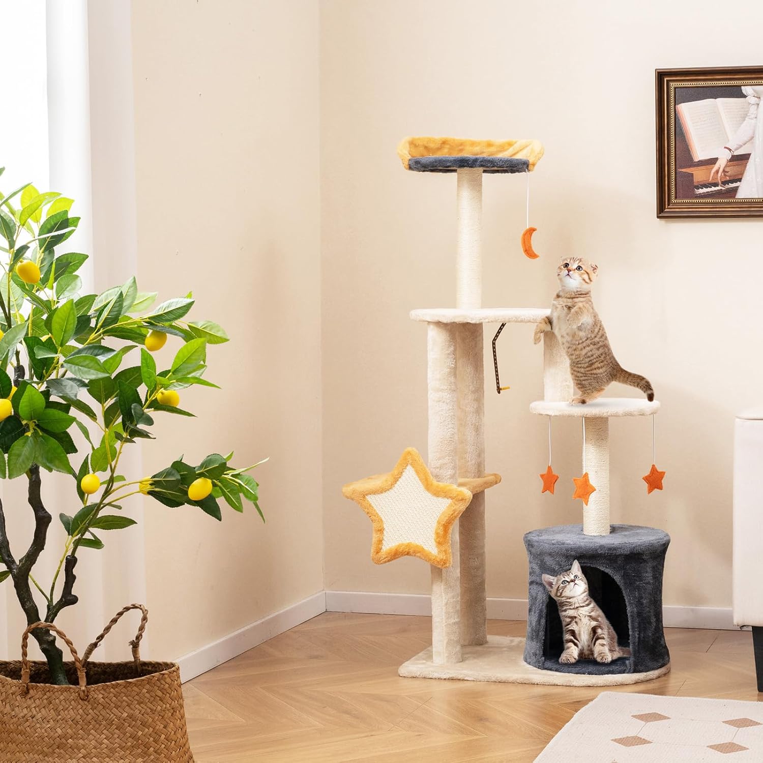 Tiragraffi per Gatti 128cm, Albero per Gatti da Interno, Torre Multi-Livello con Tiragraffi in Sisal, Gattiera, Piattaforma Superiore in Peluche e Giocattoli Appesi
