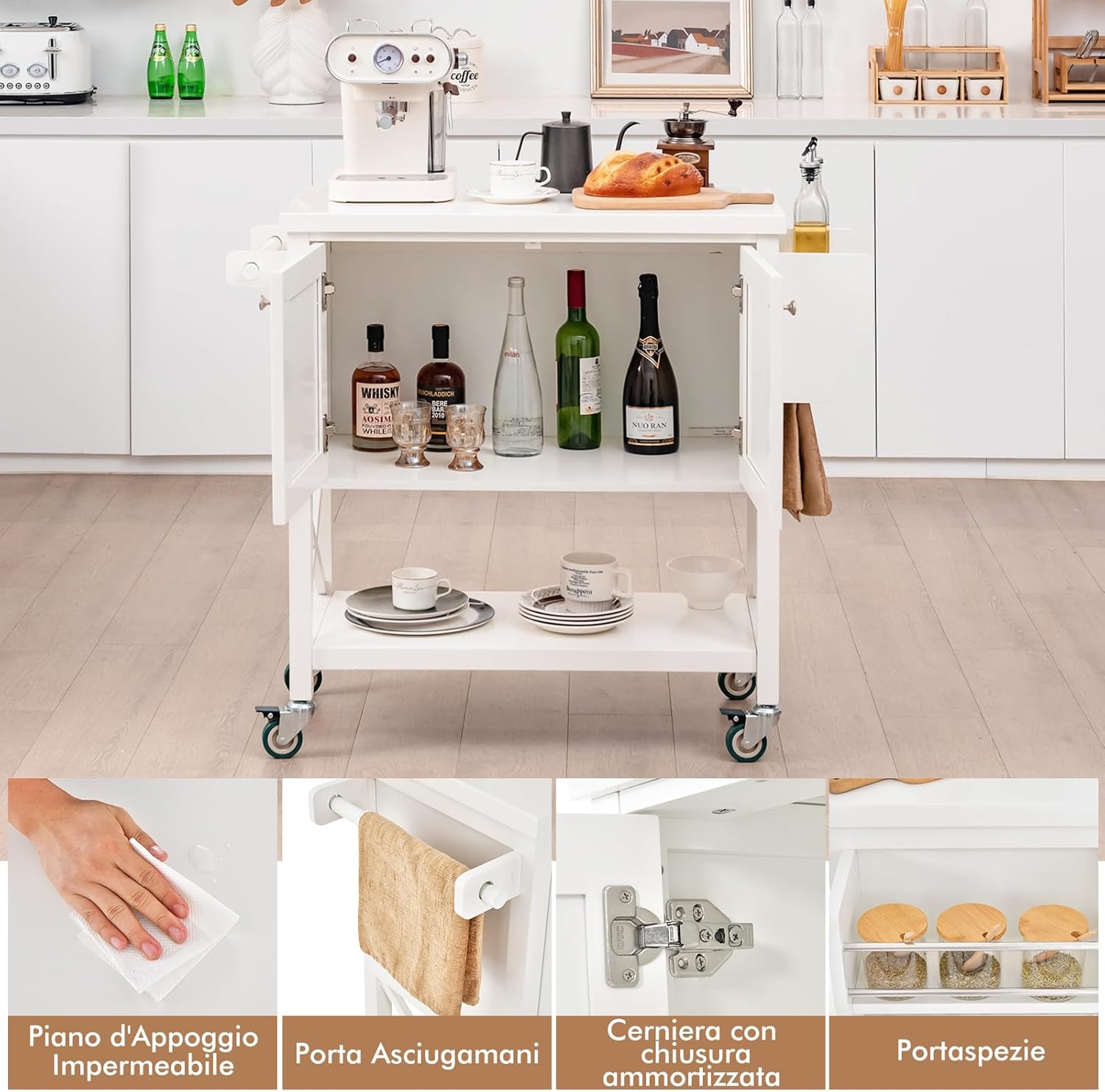 Carrello da Cucina con Armadietto Portaoggetti, Isola da Cucina Carrello Rotante con Porta Asciugamani e Porta Spezie, Piano in Legno, Tavolo Mobile per Cucina Bar