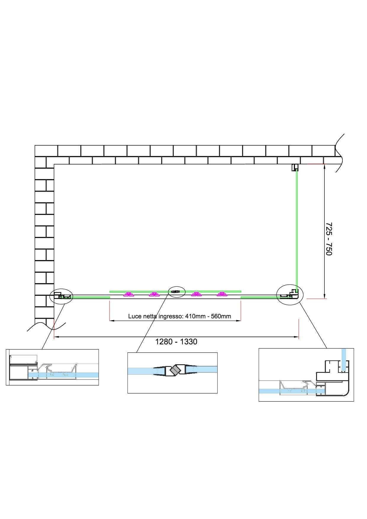 Box doccia 6 mm H 190 parete fissa e porta a 4 ante con apertura centrale MISURA 72,5-75 ANTA FISSA + PORTA 128-133 