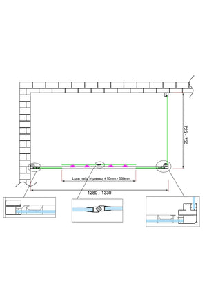 Box doccia 6 mm H 190 parete fissa e porta a 4 ante con apertura centrale MISURA 72,5-75 ANTA FISSA + PORTA 128-133 