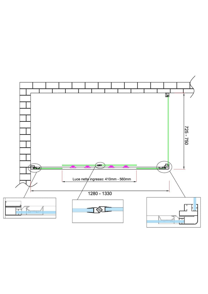 Box doccia 6 mm H 190 parete fissa e porta a 4 ante con apertura centrale MISURA 72,5-75 ANTA FISSA + PORTA 128-133 