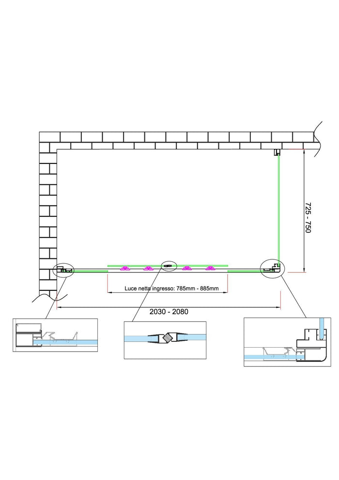 Box doccia 6 mm H 190 parete fissa e porta a 4 ante con apertura centrale MISURA 72,5-75 ANTA FISSA + PORTA 203-208 