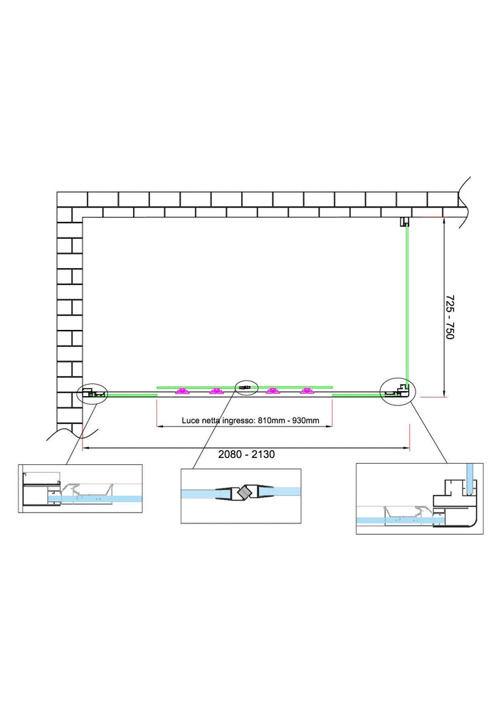 Box doccia 6 mm H 190 parete fissa e porta a 4 ante con apertura centrale MISURA 72,5-75 ANTA FISSA + PORTA 208-213 