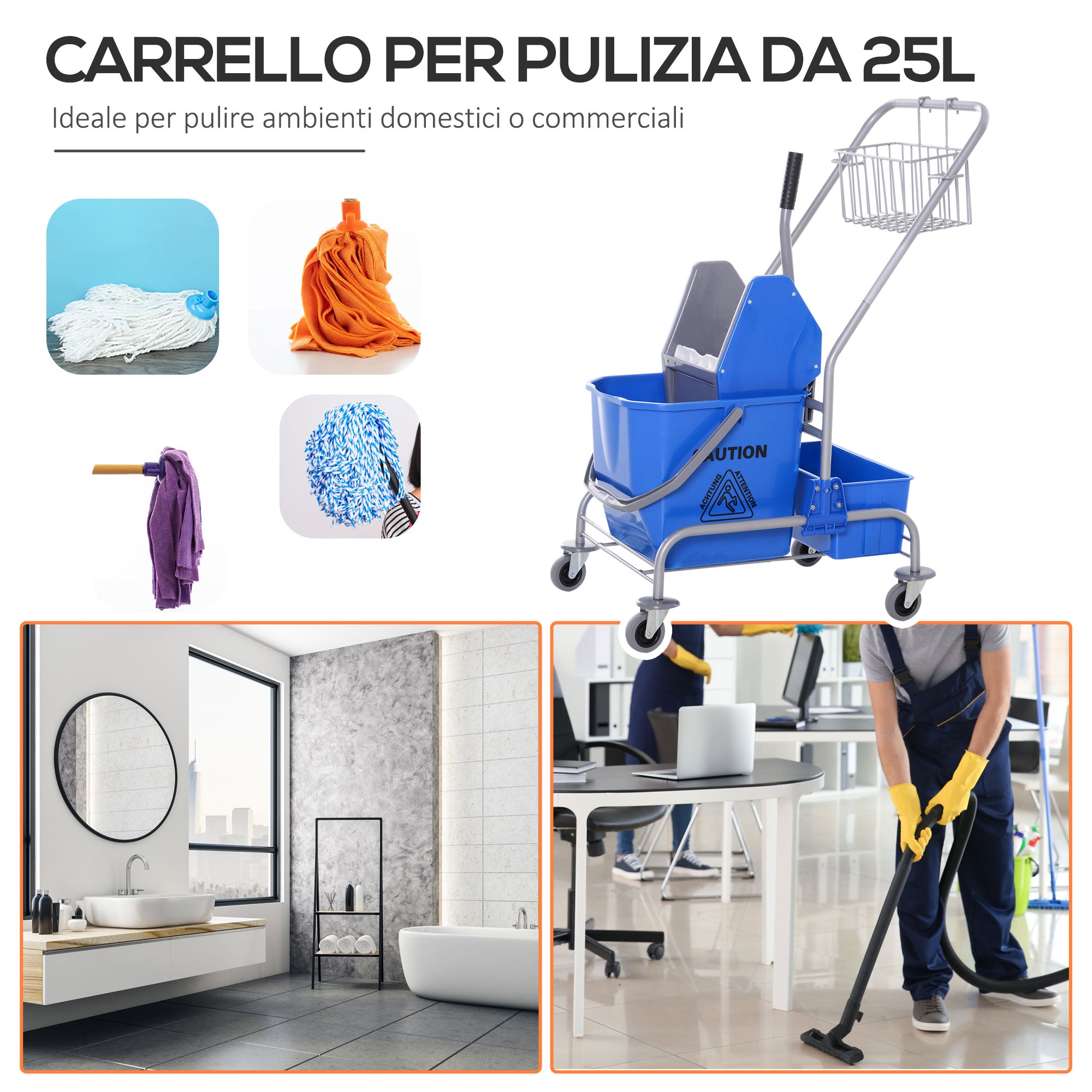 Easycomfort Carrello delle Pulizie Professionale Lavapavimento con Secchio 25L Ruote Strizzatore 72 × 49.5 × 95cm