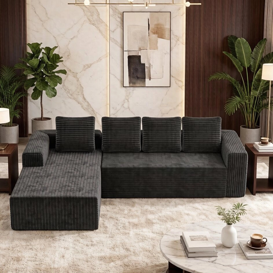 Divano modulare ad angolo con chaise longue e seduta profonda in corduroy grigio 261×168×58 cm