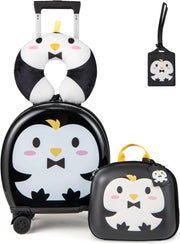 Set di Valiglie per Bambini, Set da 4 Pezzi con Trolley, Zaino, Cuscino per Collo ed Etichetta per Bagaglio, Valigia a Mano da Viaggio con Ruote Universale e Maniglia Regolabile (Pinguino)
