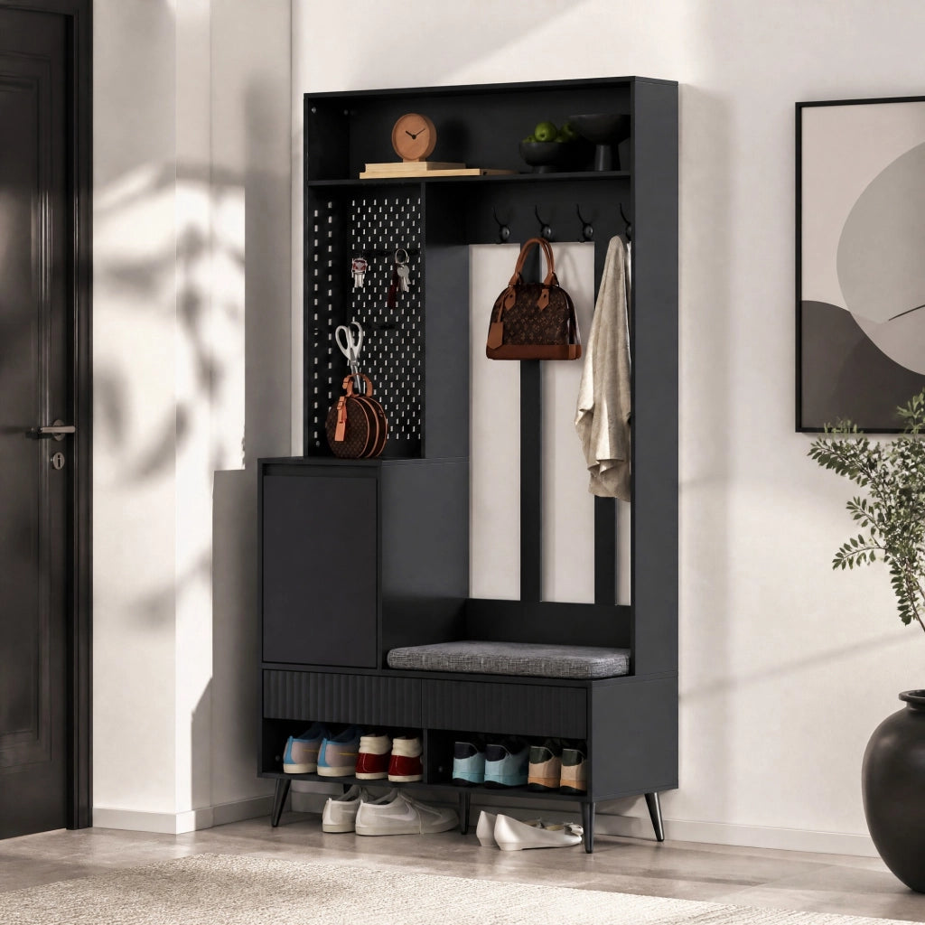 Mobile ingresso multifunzione con panca, 4 ganci, 2 cassetti e vano contenitore, nero, 100 x 35 x 180 cm