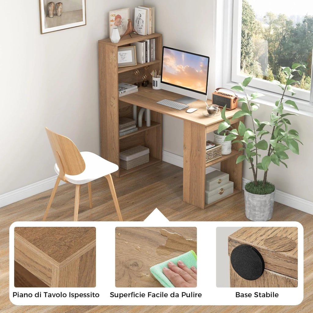 Scrivania per Computer con Libreria, Scrivania Moderna Porta PC con 6 Ripiani, Mobile Scrivania con Ripiani Regolabile Ampia Base per Casa, Ufficio (naturale)