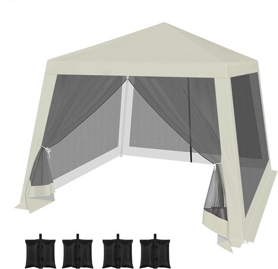 Pavilione 3x3 m – Tuine pavilione con pareti laterali, rete per insetti e 4 contenitori per sabbia, beige