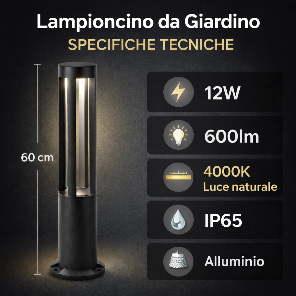 Lampioncino LED da Giardino 60 cm 12W 600LM Luce Naturale 4000K IP65 Paletto Luminoso da Esterno in Alluminio per Vialetti Giardino Cortile Illuminazione Moderna Nero