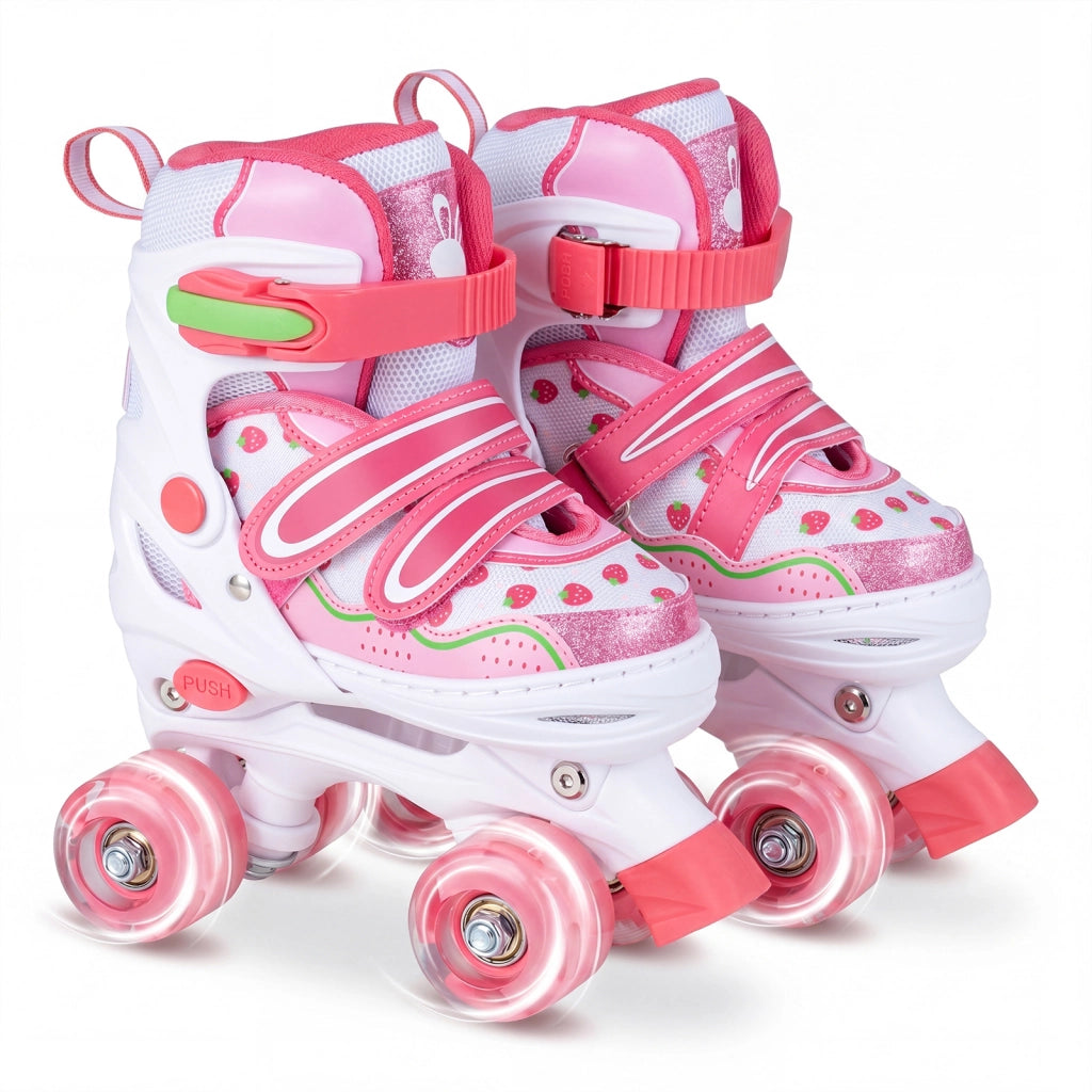Pattini a rotelle per bambini regolabile in 4 misure, Pattini in linea con 4 ruote luminose tripla protezione cuscinetti lisci e freno Rosa S