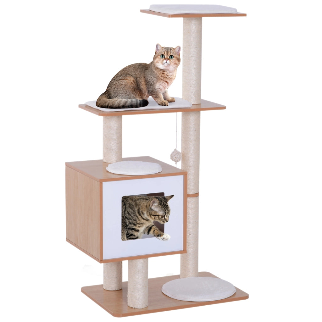 Tiragraffi per Gatti con Cuccia e Piattaforme ¨C Minimal ¨C Bianco Legno MDF 71.5x49.5x120cm