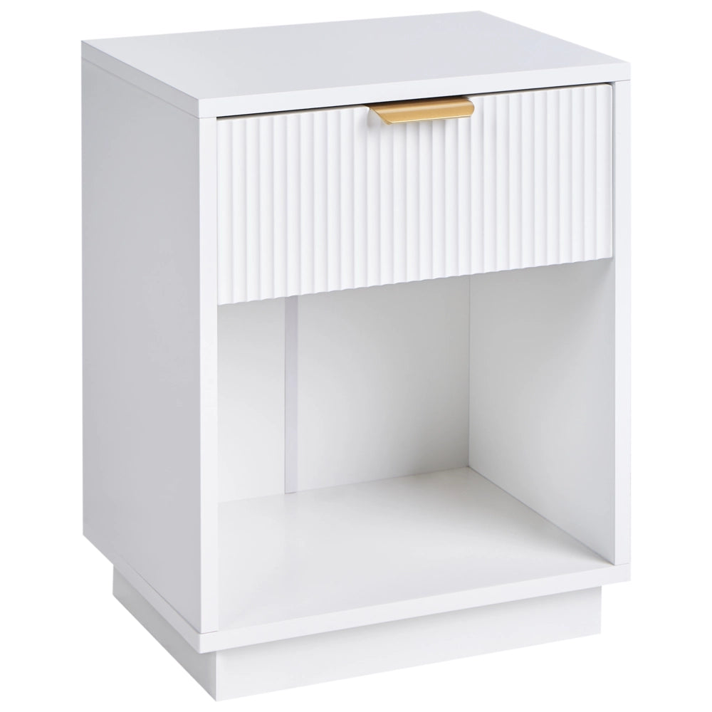 Comodino in MDF con 1 cassetto e maniglia dorata frontale scanalata 1 ripiano Bianco design moderno