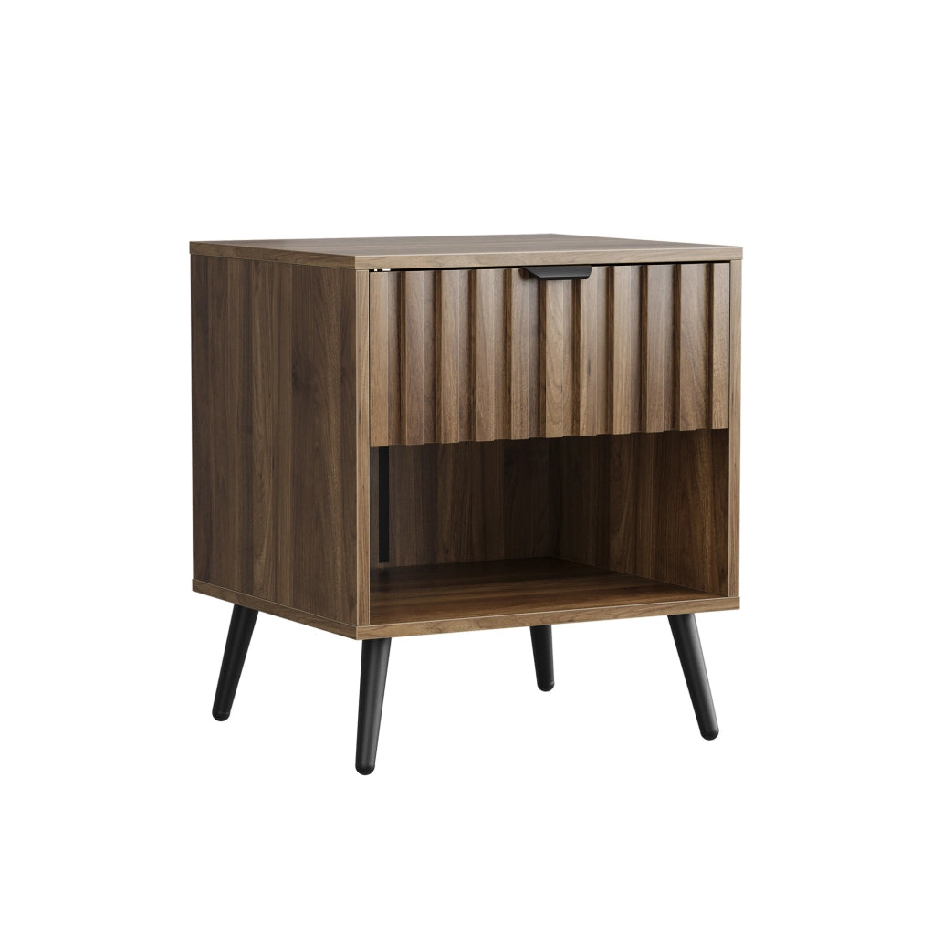 Comodino moderno in MDF effetto noce con cassetto