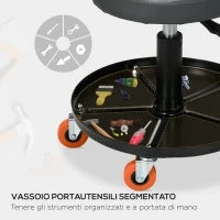 Sgabello da Officina con Ruote e Porta Attrezzi, Altezza Regolabile e Girevole, Ø40x25-48cm, Nero