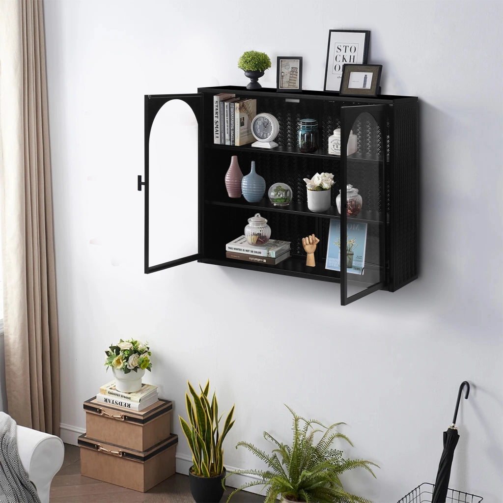 Pensile con 2 Ante in Vetro e 3 Ripiani Rimovibili; Motivo Intrecciato; Stile Moderno; in Metallo; 60×23×70 cm; Nero