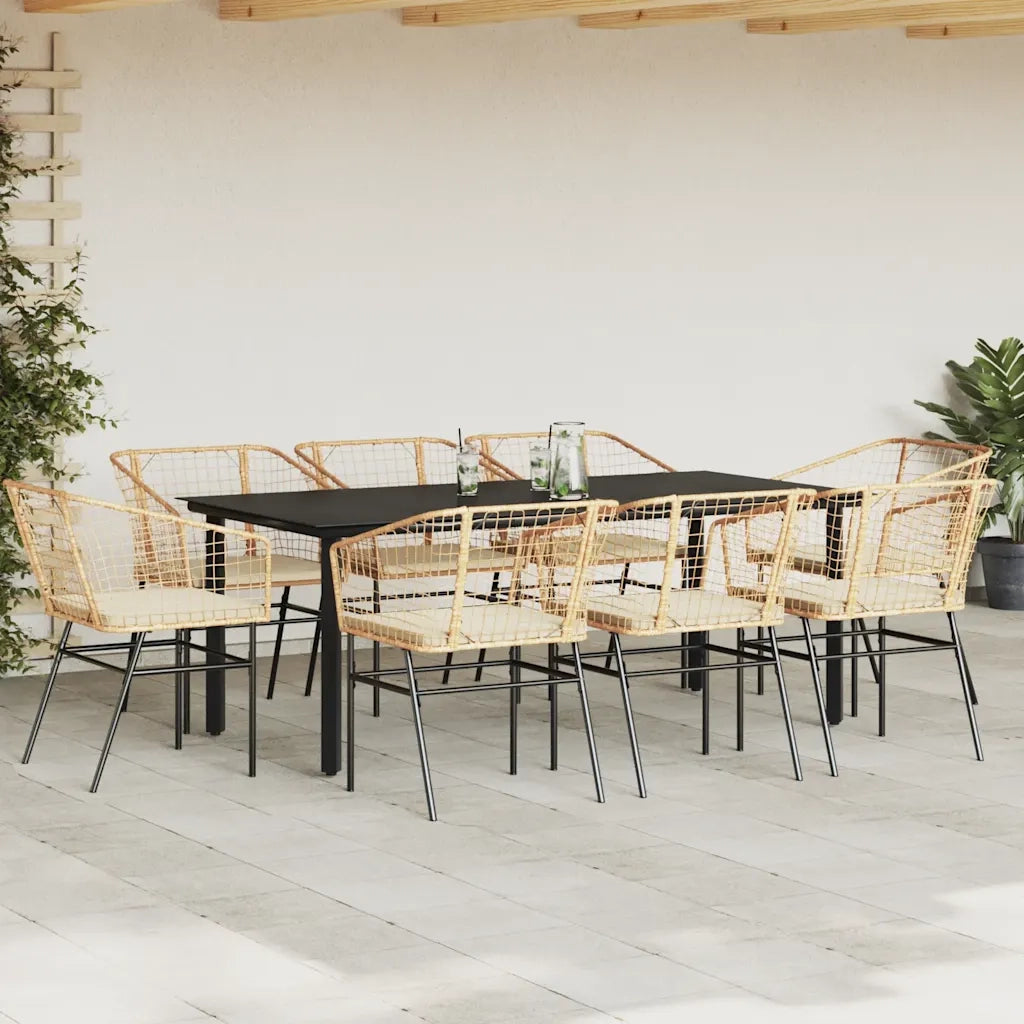 Set da Pranzo da Giardino 9 pz con Cuscini Polyrattan Vetro