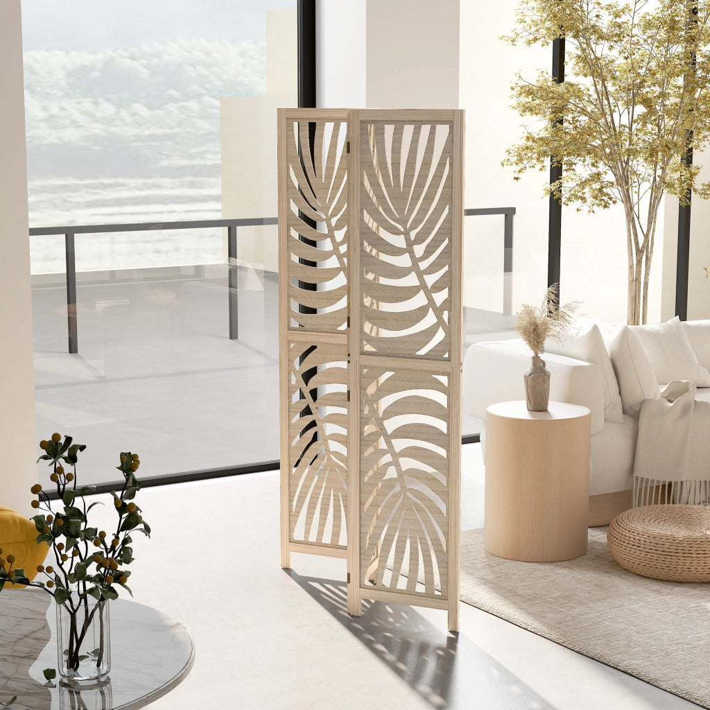 Paravento da Interno a 3 Pannelli Pieghevole e Separabile Design a Foglie 120x170 cm in Legno