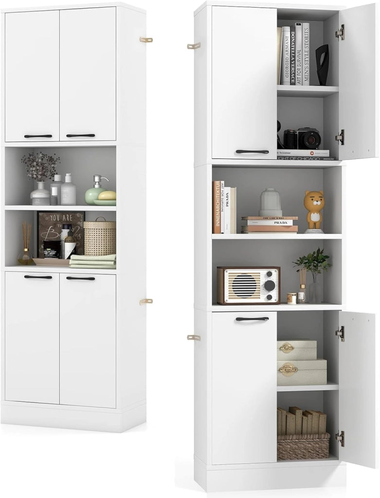 Credenza Alta da Cucina 190 cm, Mobile Cucina Dispensa in Legno, Mobile Buffet con 2 Armadio e Ripiano, per Soggiorno, Sala da Pranzo, Bagno, 56 x 30 x 190 cm, (In 2 Pacchi) (Nero)