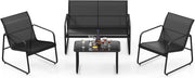 Set Tavolo e Sedie da Giardino 4 Pezzi, Tavolino in Vetro Portato 50 kg, Sedie Portata 150 kg, Panca Portata 300 kg, Set Bistro in Tessuto Textilene, per Cortile Terrazza Piscina (Nero)