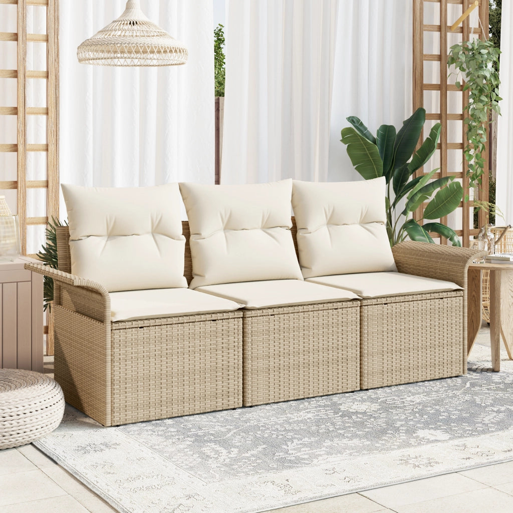 Set di Divano Giardino a 3 Pezzi con Cuscini Beige Polyrattan