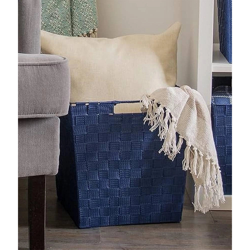 Trade Shop - Porta Oggetti Cesto In Tessuto Intrecciato 38 X 26 X 25cm Con Maniglie Blu 79040 -