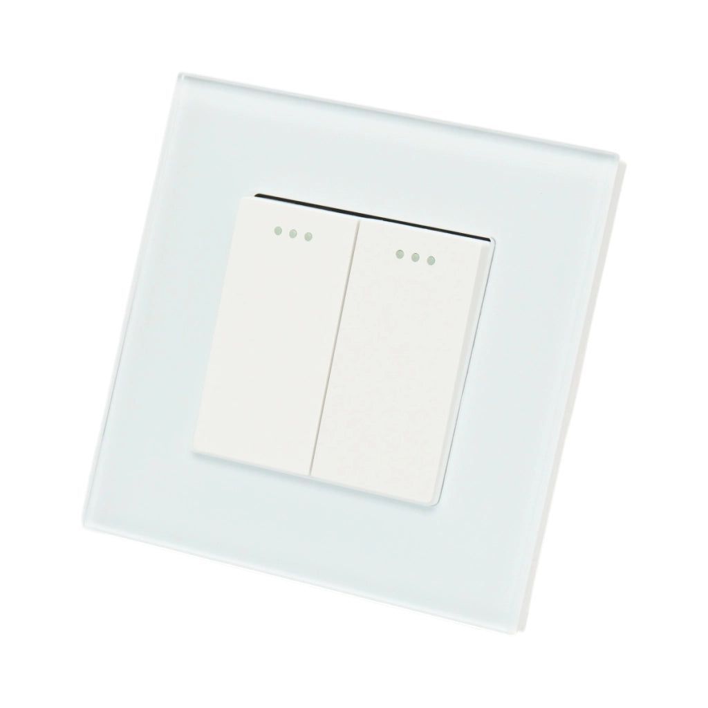 Interruttore doppio, bianco, da incasso, 220V, 16AX, spia luminosa, cornice in vetro 86x86x34mm