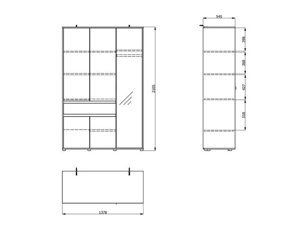 Armadio Camera da Letto Ilbono, Guardaroba 3 Ante 5 Ripiani, 138x54.5 cm Bianco