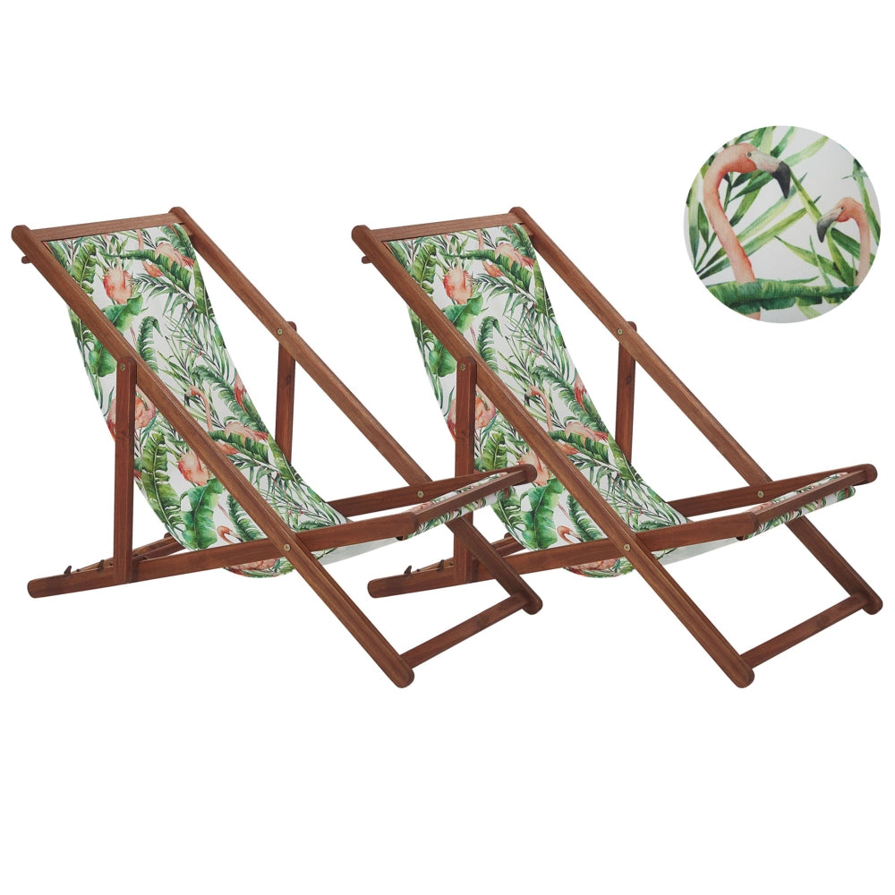 Set di 2 sedie a sdraio da giardino con struttura in legno di acacia scuro motivo fenicottero in tessuto amaca sedile reclinabile