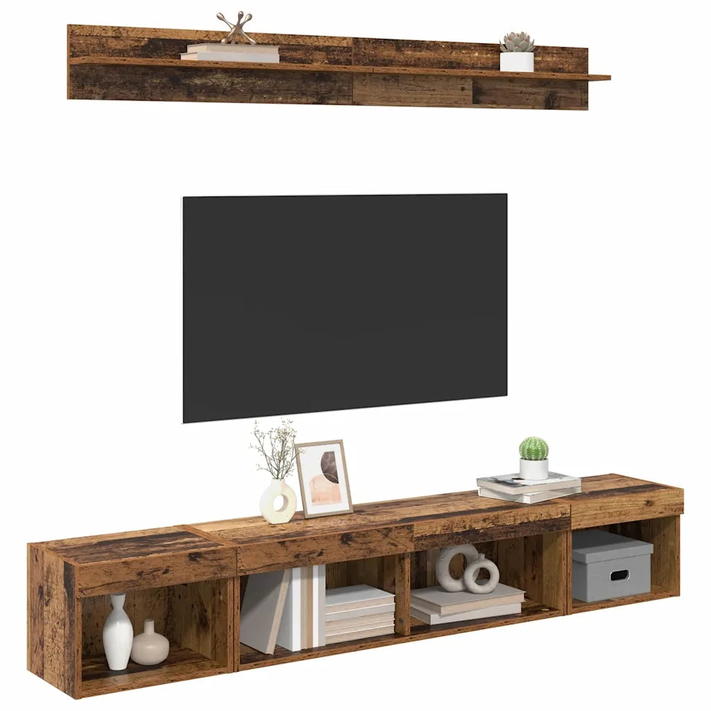 Set di Mobiletto da TV a Parete con led 5 pz-Credenza per TV sospesa Legno vecchio