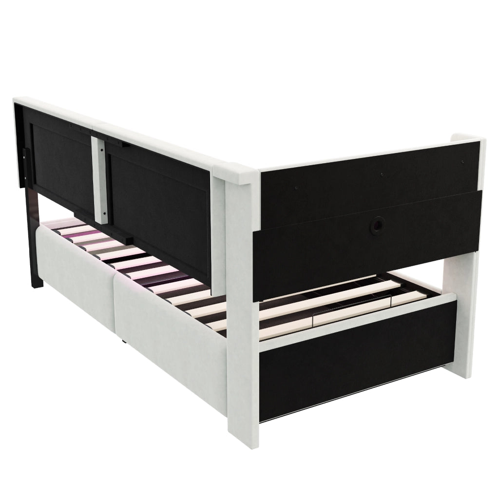 Divano letto singolo con contenitore idraulico testiera con vani e LED USB in velluto beige 90 × 200 cm
