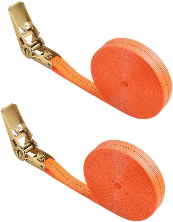 Set di 2 cinture di trazione con sistema di rilascio - 6 metri di lunghezza, 25 mm di larghezza - Capacità di carico 800 kg - Per un fissaggio sicuro del carico - Colore arancione