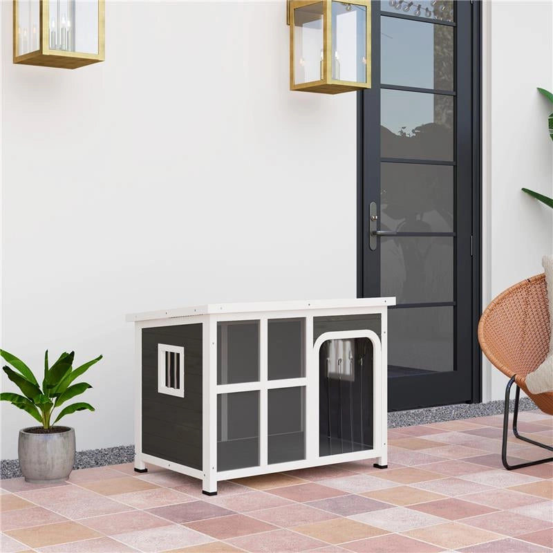 CASETTA PER CANI CON FINESTRELLE E INGRESSO A TENDA IN LEGNO DI ABETE 90X62X71 CM GRIGIO CHIARO