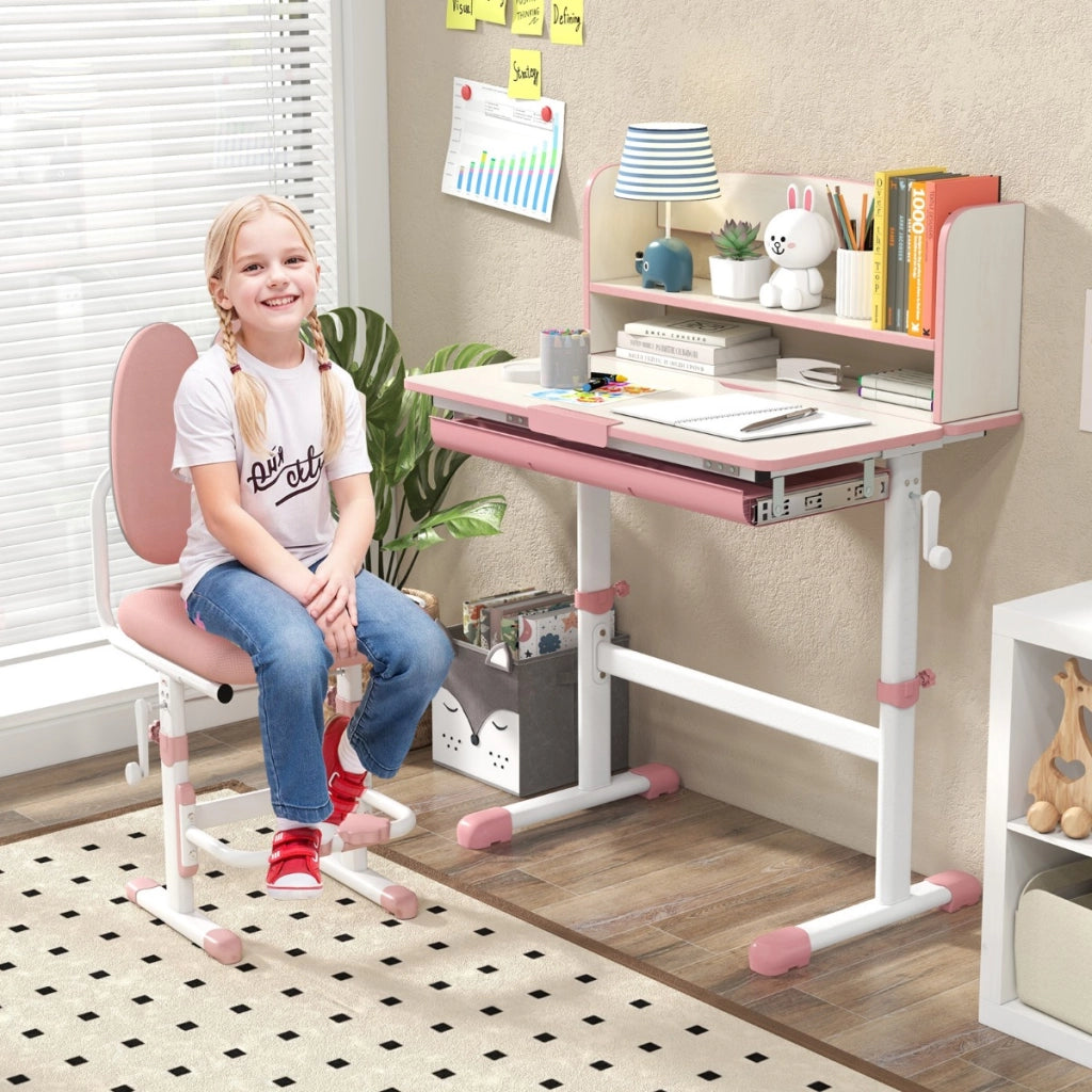 Scrivania da studio per bambini regolabile in altezza con piano inclinabile, Tavolo da scrittura per bambini Rosa