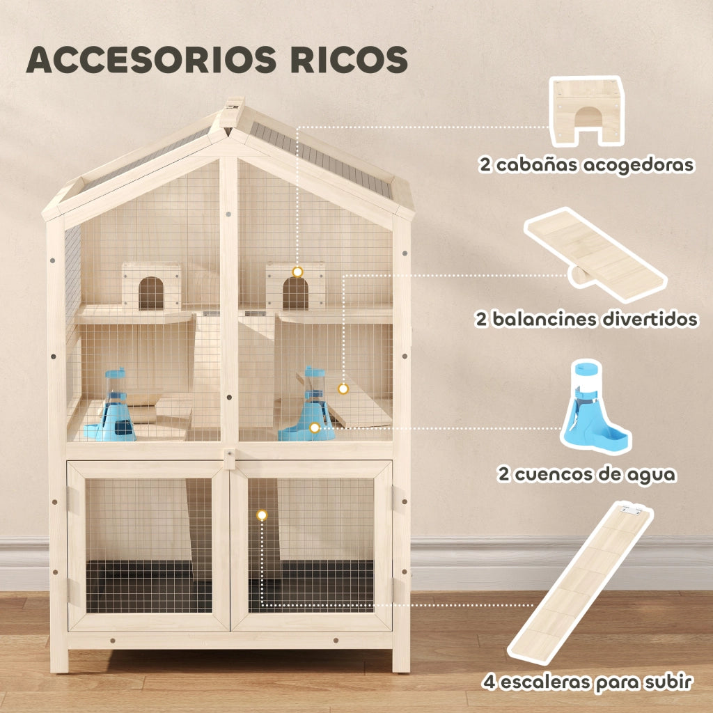 Casetta per Criceti 3 Livelli in Legno con Bebederi, Scivoli, Cassetto Estraibile ¨C Zephmum ¨C Naturale