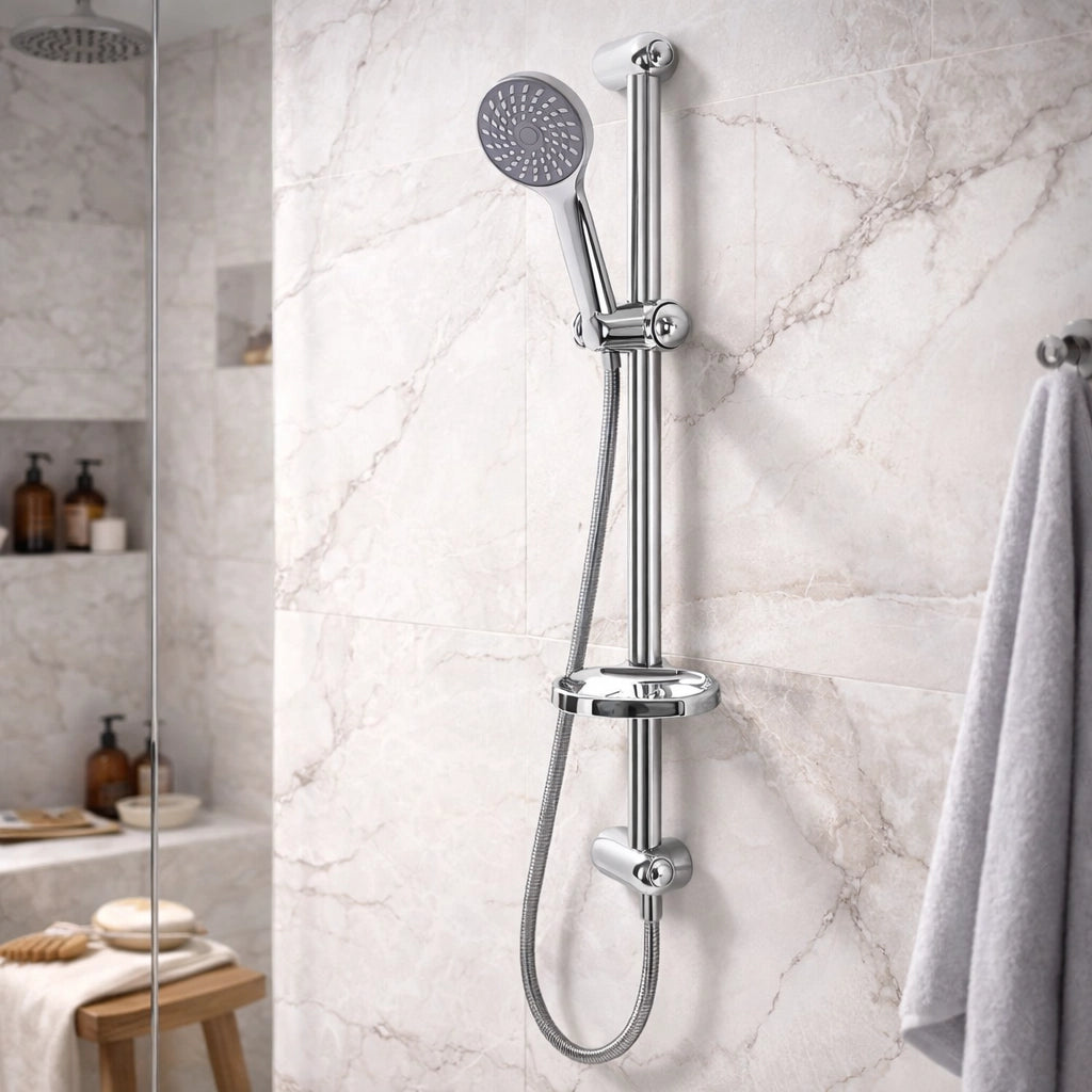 Saliscendi Doccia Cromato 60 cm con Soffione Multigetto e Portasapone 69133