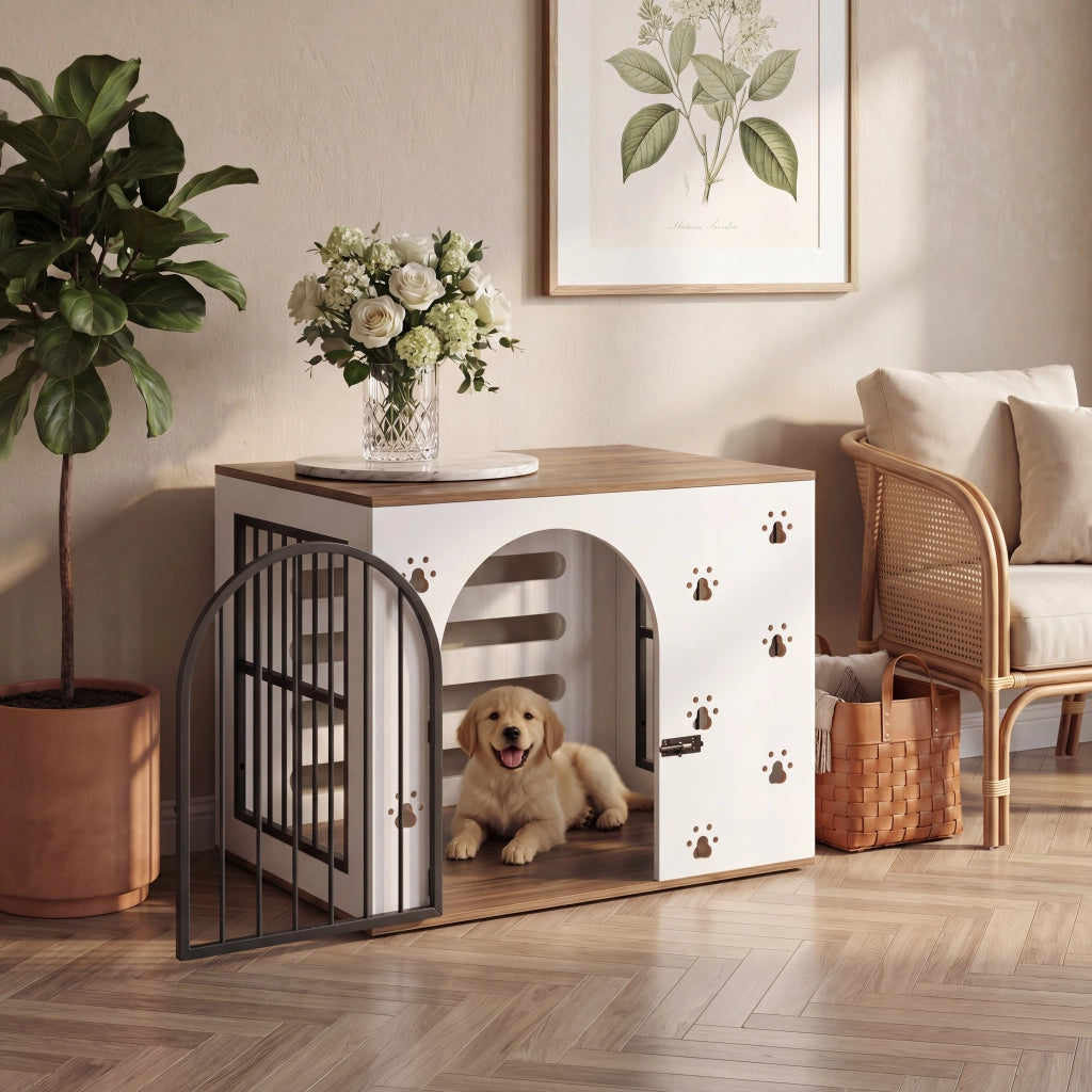 Scaffale 2 in 1 per cani con ciotole in acciaio rialzate struttura in MDF e metallo bianco e rovere chiaro