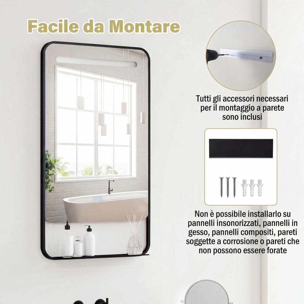 Specchio da Bagno LED 80 x 60 cm con Mensola, Specchio da Trucco con Cornice in Alluminio, Funzione Antiappannamento, 3 Colori di Luce e Luminosità Regolabile, Specchio da Parete