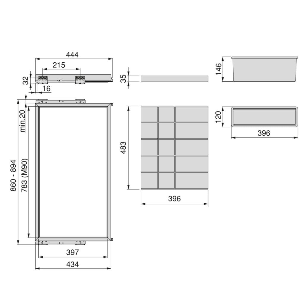 Emuca Kit cassetto organizzatore con vassoio ausiliario e telaio con guide a chiusura morbida per armadio, regolabile, modulo 900mm, Nero testurizzato e grigio pietra