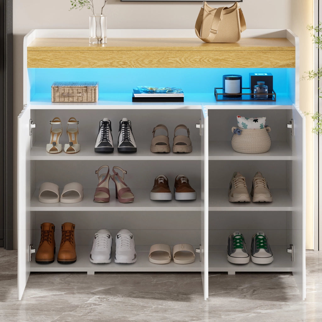 Sideboard moderno con 3 porte, LED integrato e ripiani regolabili, bianco e naturale, 105 x 33,5 x 76 cm