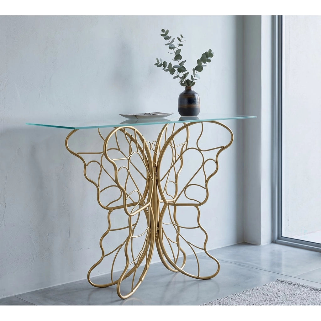 Consolle Butterfly in ferro e vetro gold – 110 x 40 x H 76 cm
