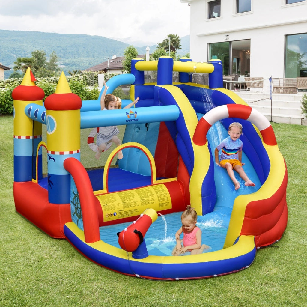 Parco acquatico 6 in 1 con scivolo curvo per cortile, Castello a forma di nave per bambini con piscina