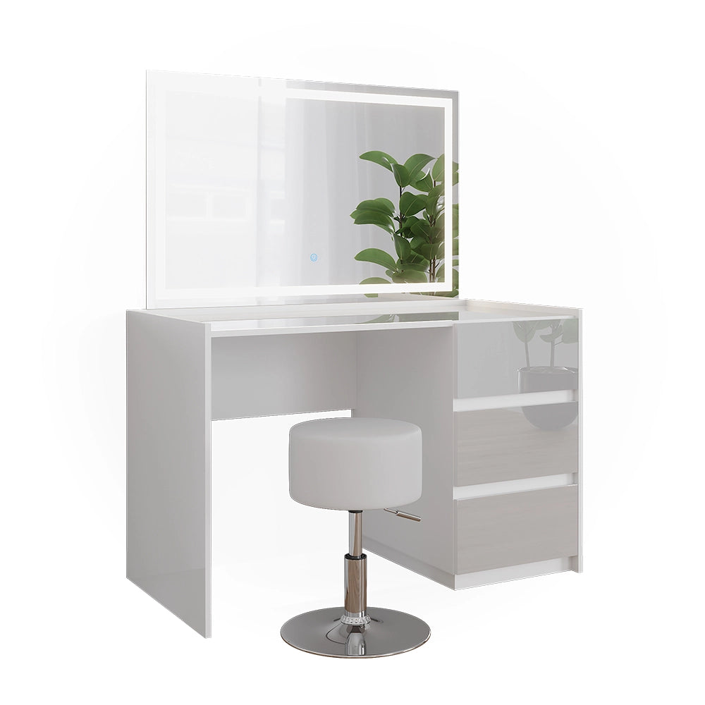 Vicco Tavolo da toilette Bianco lucido 120 cm con specchio LED e sgabello