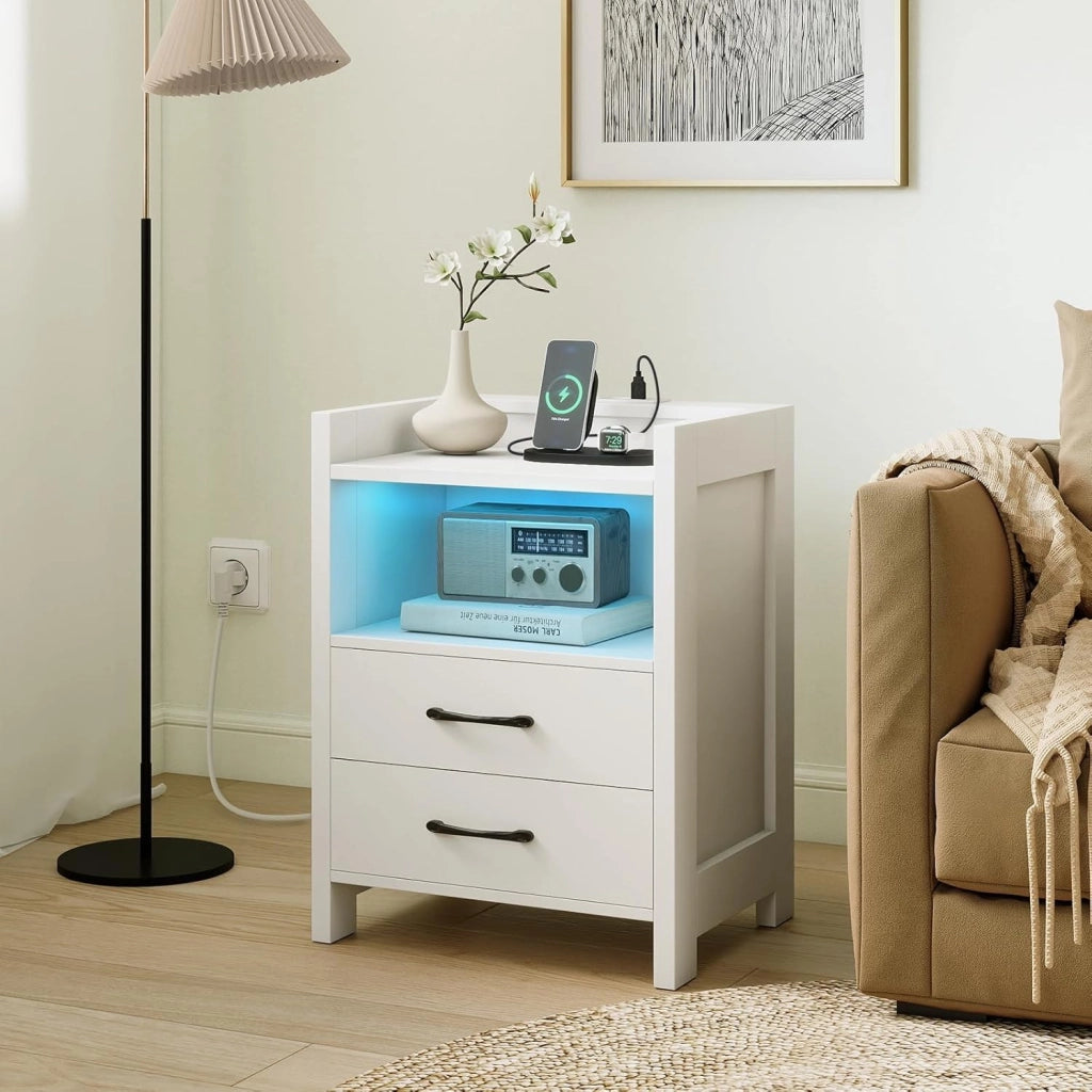 Comodino con luce e stazione di ricarica, 16 colori di luce e 4 modalità, telecomando, elegante comodino con cassetti e vano aperto per soggiorno, camera da letto (bianco)
