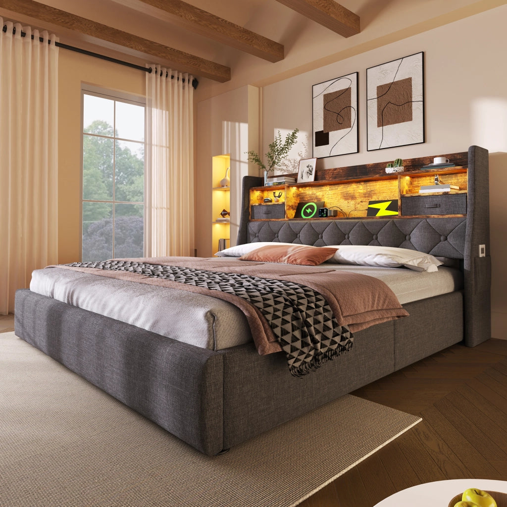 OKWISH Letto Contenitore 140×200 cm, Letto Matrimoniale con LED Regolabile, USB, Tipo C e Contenitore, senza Materasso, in Lino, Grigio