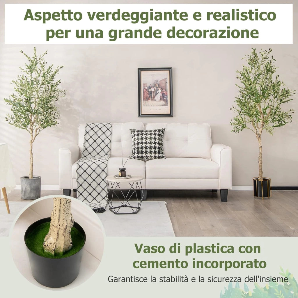 Pianta Finta da Interno da 182 cm, Olivo Artificiale da 2 Pezzi con Vaso di Cemento, 1296 Foglie e 72 Frutti, Pianta Finta per Soggiorno, Ufficio e Negozio (2)